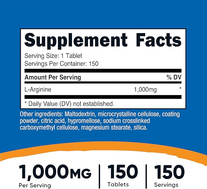 Nutricost L-Arginine 1000mg – Double Strength Amino Acid Supplement – Nitric Oxide Booster, Blood Flow & Endurance – Non-GMO, Gluten-Free – 150 Tablets