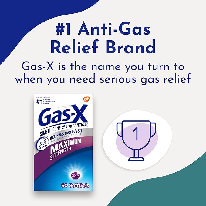 Gas-X Maximum Strength Gas Relief Softgels with 250mg Simethicone – Fast Relief for Bloating, Pressure, and Discomfort – 50 Count Pack