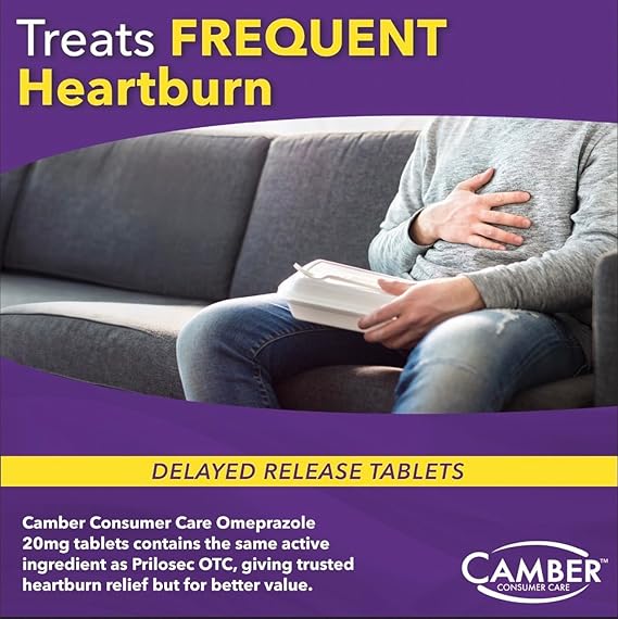 Camber Omeprazole 20mg Tablets (42 Count | 3 x 14-Day Courses) – Delayed-Release Acid Reducer for Frequent Heartburn & Acid Reflux Relief – 24-Hour Daily Antacid Treatment