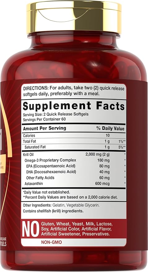 Carlyle Antarctic Krill Oil 2000mg – Omega-3 EPA, DHA & Astaxanthin – Heart, Joint & Brain Support – Non-GMO, Gluten-Free – 120 Softgels