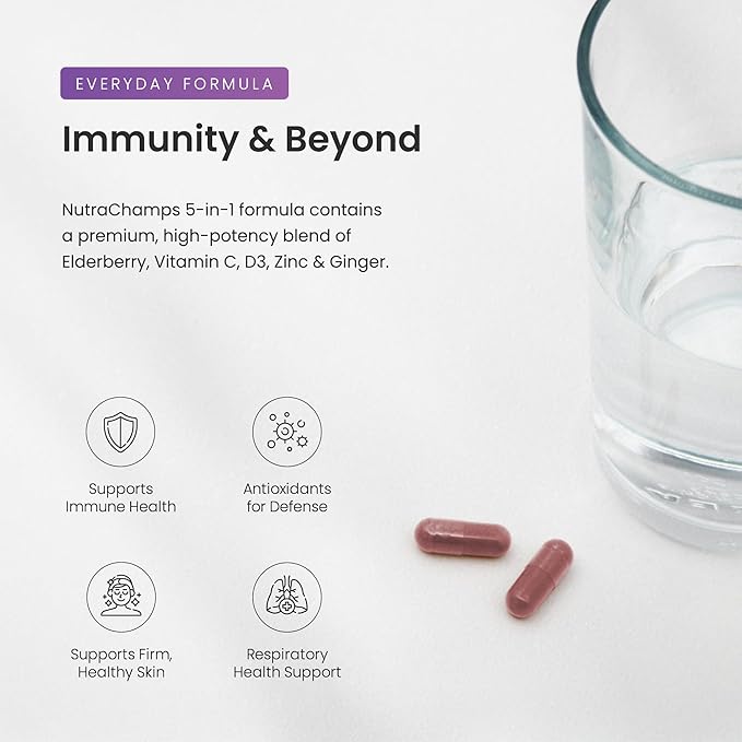 NutraChamps Elderberry Capsules – 10,000mg Sambucus Extract with Vitamin C, Zinc, D3 & Ginger – 5-in-1 Immune Support – Vegan, Non-GMO, Gluten-Free – 60 Capsules
