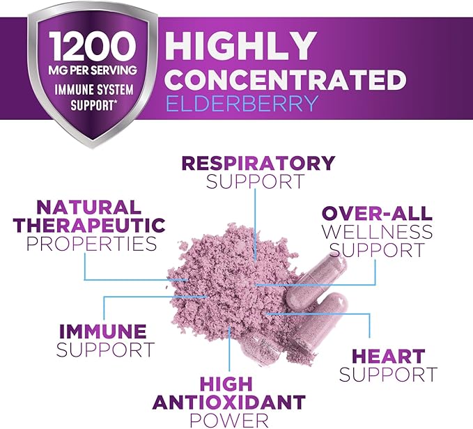 Elderberry Immune Support Capsules – 1200mg Sambucus Black Elderberry Extract – Daily Antioxidant & Immune Supplement – Non-GMO, Gluten-Free – 120 Capsules