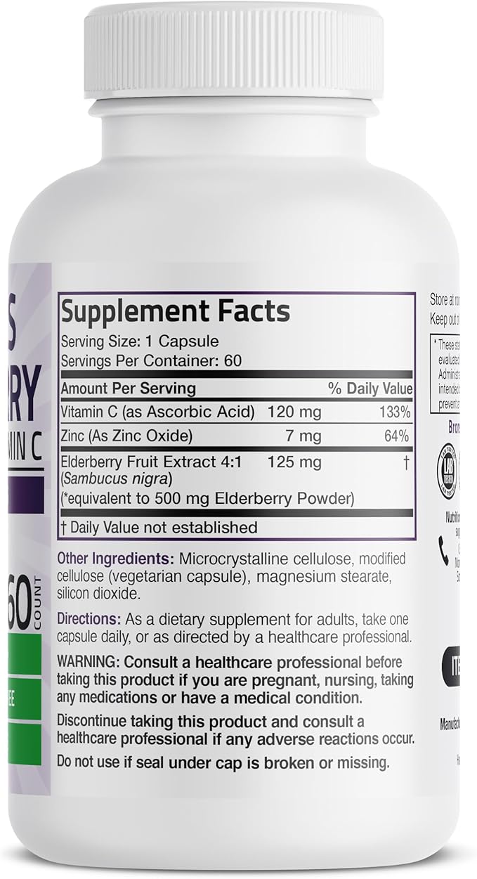 Bronson Sambucus Elderberry with Zinc & Vitamin C – Triple Immune Support & Antioxidant Protection – Non-GMO, Gluten-Free – 60 Vegetarian Capsules