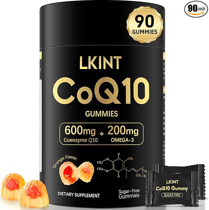 LKINT CoQ10 Gummies 600mg – Sugar Free, Vegan, High Absorption with Omega 3 & Vitamin E – Heart, Energy & Antioxidant Support – Orange Flavor – 90 Gummies