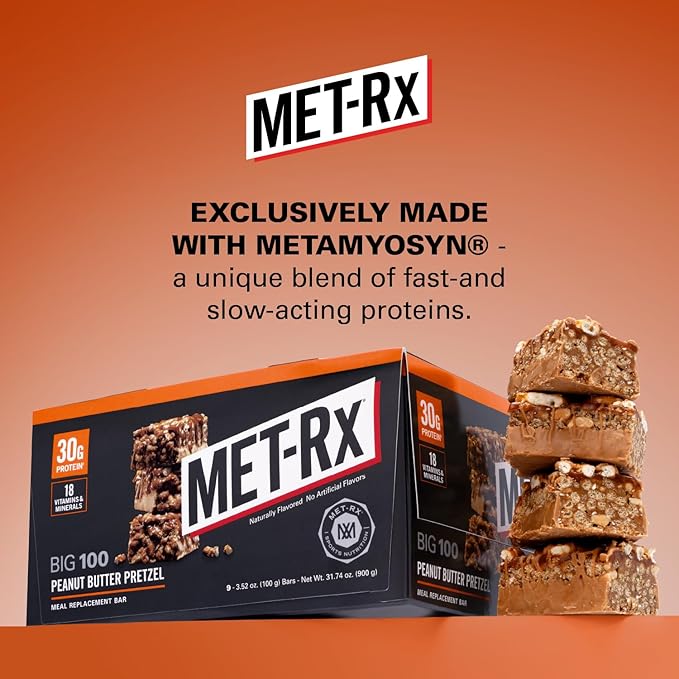 MET-Rx Big 100 Colossal Protein Bars – Peanut Butter Pretzel, Pack of 9, 100g Each