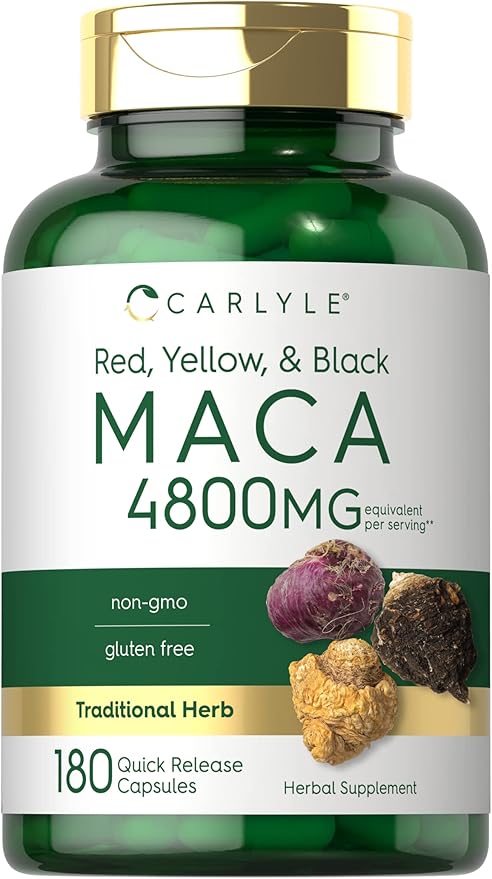 Carlyle Maca Root 4800mg – High Potency Red, Yellow & Black Maca for Women & Men – Energy, Mood & Hormonal Support – Non-GMO, Gluten-Free – 180 Capsules