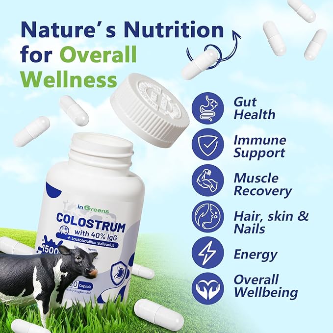 InGreens Organic Bovine Colostrum 1500mg – 40% IgG Grass-Fed Immune & Gut Health Support – Unflavored, Non-GMO, Gluten-Free – 120 Capsules – Made in USA