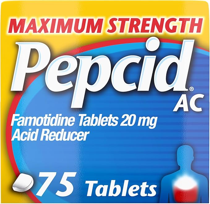 Pepcid AC Maximum Strength Heartburn Relief Tablets, 75 Count – 20mg Famotidine Acid Reducer for Fast, Long-Lasting Acid Indigestion and Sour Stomach Relief