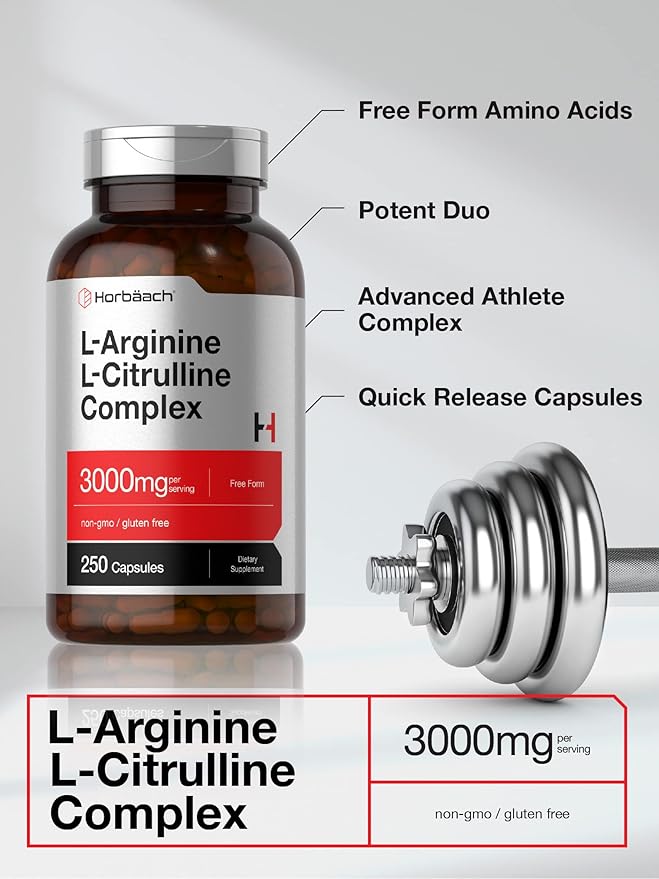 Horbäach L-Arginine L-Citrulline Complex – 3000mg Amino Acid Supplement – Nitric Oxide Booster, Blood Flow & Endurance – Non-GMO, Gluten-Free – 250 Capsules