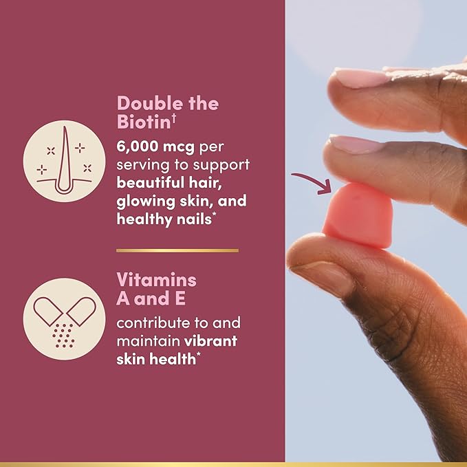 Nature’s Bounty Hair, Skin & Nails Gummies – 6000 mcg Biotin, Strawberry Flavor – Non-Stick Vegetarian, Gluten-Free, Non-GMO – 200 Gummies (100 Servings)