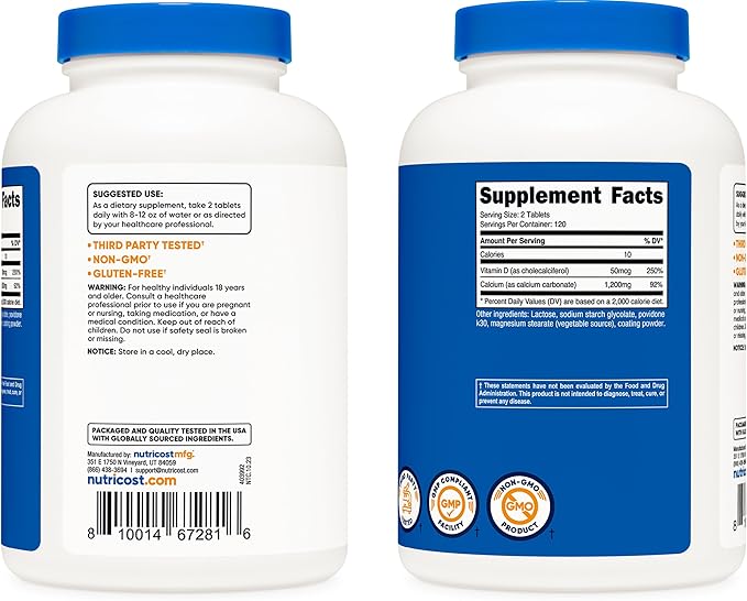Nutricost Calcium 1200mg with Vitamin D 2000 IU – Bone Health & Absorption – 240 Tablets