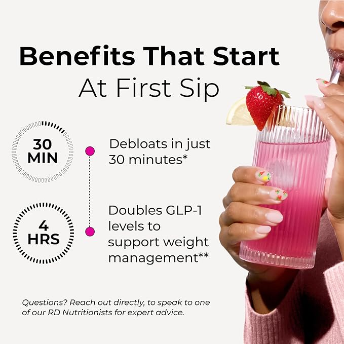 Flatter Me Fiber GLP-1 Booster with Prebiotics & Digestive Enzymes – Appetite Control, Bloating Relief & Gut Health – Strawberry Lemon Flavor – Vegan, Non-GMO, Gluten-Free – 10 Servings