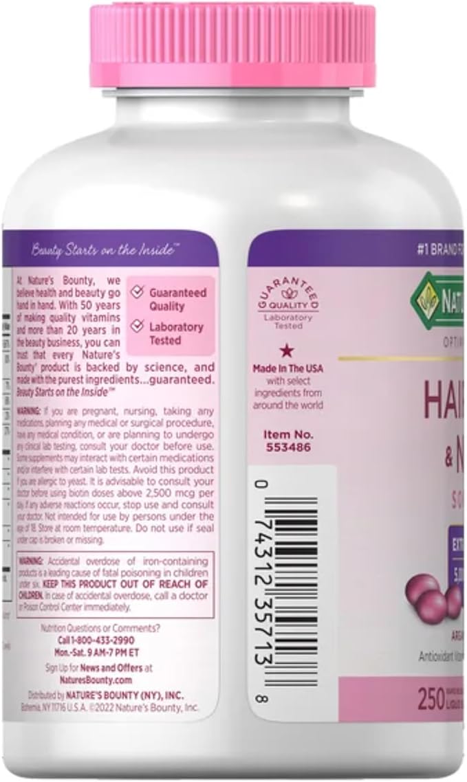 Nature’s Bounty Hair, Skin & Nails – 5000 mcg Biotin Extra Strength + Collagen, Alpha Lipoic Acid & Calcium – 250 Tablets (4-Bottle Value Pack)