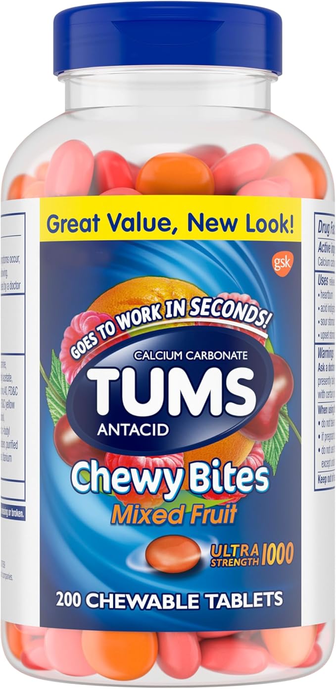TUMS Chewy Bites Ultra Strength Antacid Tablets – Mixed Fruit – 200 Count Fast-Acting Heartburn Relief with a Chewy, Fruit-Flavored Center
