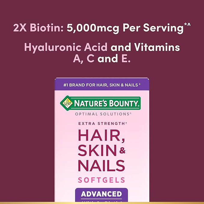 Nature’s Bounty Hair, Skin & Nails Vitamins – Argan Oil-Infused Biotin, Hyaluronic Acid, Vitamins A, C & E – 150 Softgels (50 Servings)