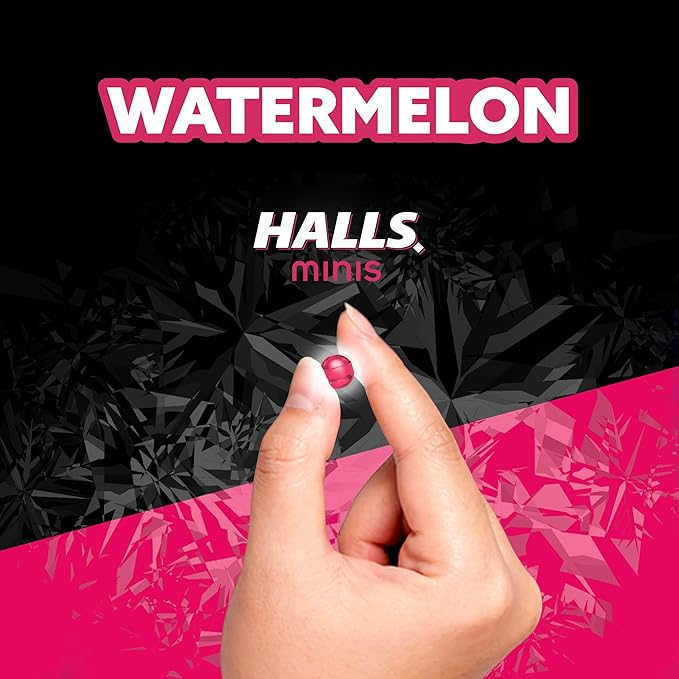 HALLS Minis Sugar Free Cough Drops – Watermelon Flavor – 24 Count – Menthol Lozenges to Soothe Sore Throat, Relieve Cough & Cool Nasal Passages – Pocket-Size Flip-Top Pack