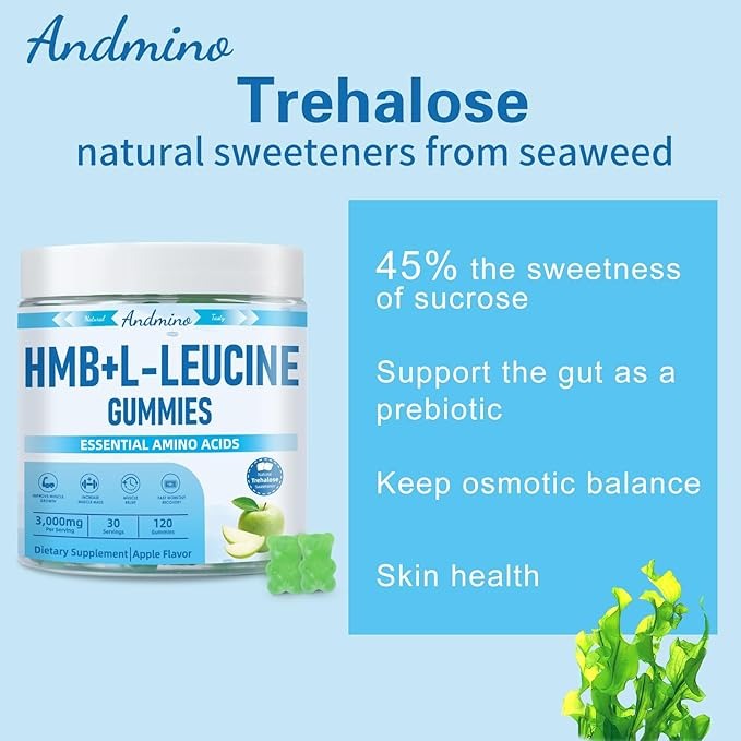 HMB and L-Leucine Gummies with Trehalose – 3000mg, Apple Flavor, Non-GMO, Vegan, Gluten-Free, 120 Gummies