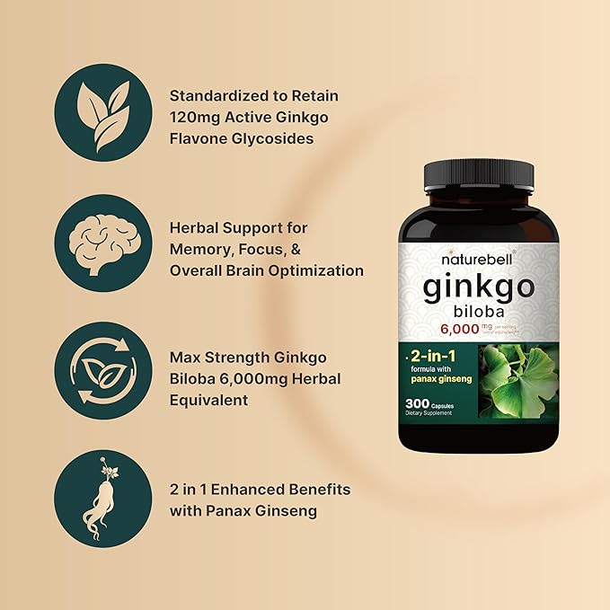 NatureBell Ginkgo Biloba 6000mg with Panax Ginseng 500mg – Max Strength Memory & Focus Support – Non-GMO, Gluten-Free – 300 Capsules
