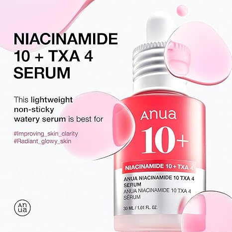 ANUA Niacinamide 10 + TXA 4 Serum, Hyaluronic Acid, Glass Skin Brightening Clarifying Korean Facial Serum, 30ml