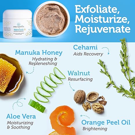 Era Organics Microdermabrasion Facial Scrub & Exfoliator – Manuka Honey, Walnut & Aloe, Spa Quality Exfoliating Mask for Blackheads & Wrinkles, 2 oz