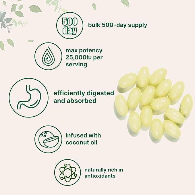 Micro Ingredients Vitamin A 25,000 IU – Maximum Strength, Vision, Immune & Reproductive Support – 500 Softgels with Coconut Oil