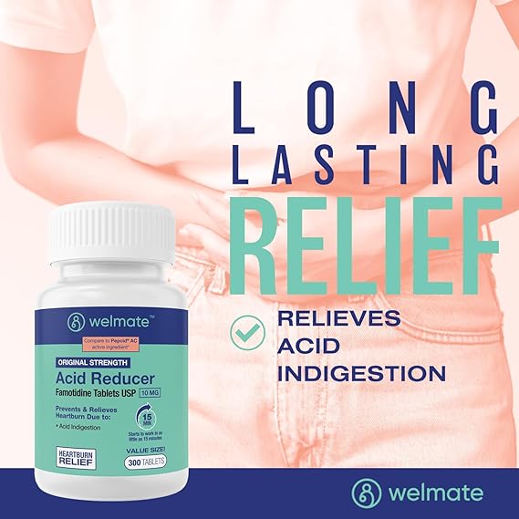 WELMATE Famotidine 10mg Acid Reducer – 300 Tablets – Heartburn & Indigestion Relief, Original Strength