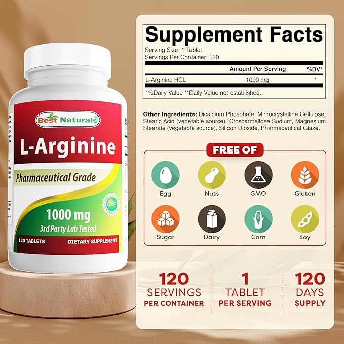 Best Naturals L-Arginine 1000mg – Pharmaceutical Grade Nitric Oxide Booster – Non-GMO, Gluten-Free – 120 Tablets