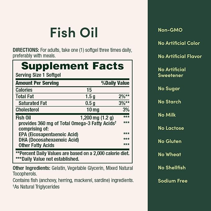 Nature’s Bounty Fish Oil 1200mg – Omega-3 EPA & DHA – Heart & Metabolic Health Support – Non-GMO, Gluten-Free – 200 Softgels
