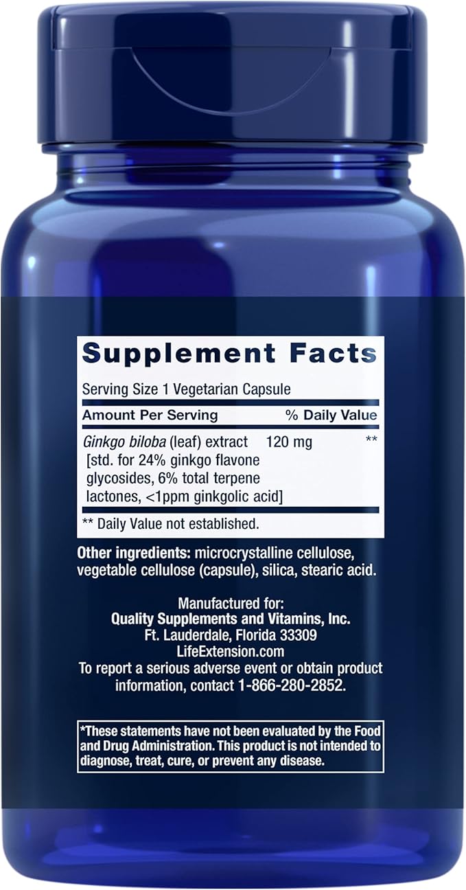 Life Extension Ginkgo Biloba Certified Extract 120mg – Memory & Cognition Support – Non-GMO, Gluten-Free, Vegetarian – 365 Capsules (1-Year Supply)