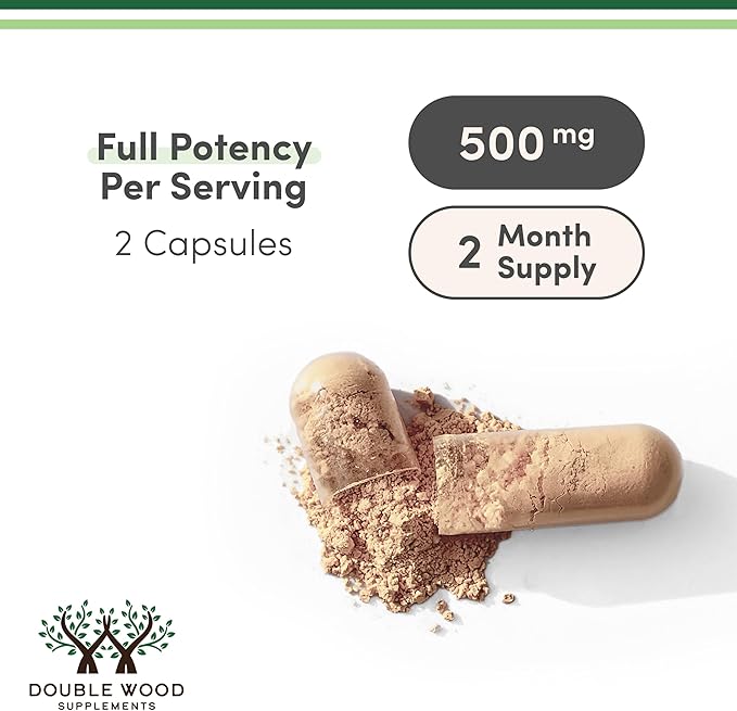 Double Wood Ashwagandha Capsules – 500mg 20:1 Extract – Adrenal & Cortisol Support – Stress, Mood & Energy – Non-GMO, Gluten-Free, Vegan – 120 Count