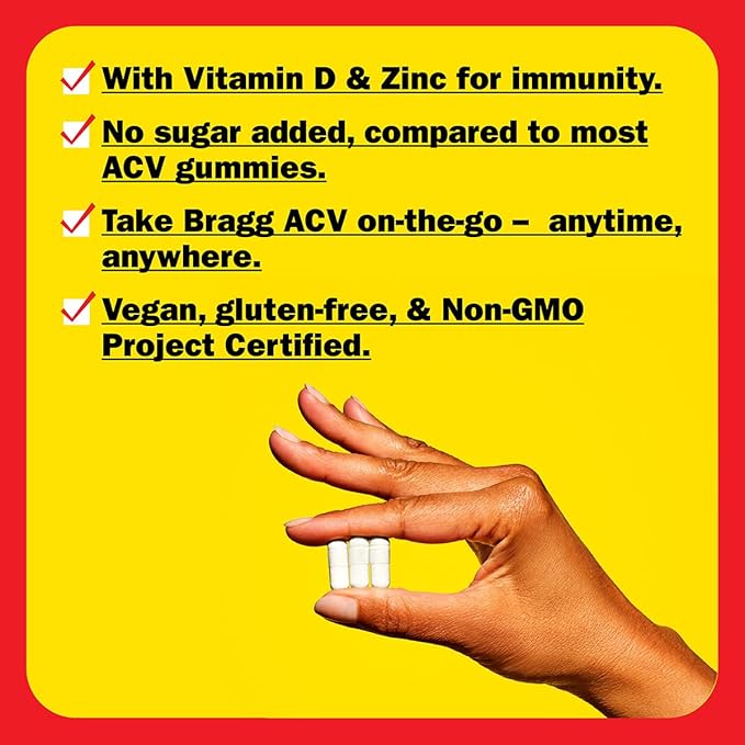 Bragg Apple Cider Vinegar Capsules with Vitamin D & Zinc – Immune Support, Digestion & Metabolism – 1877mg ACV Blend + 750mg Acetic Acid – 90 Vegan Capsules