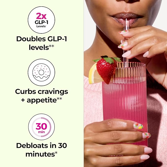 Flatter Me Fiber GLP-1 Booster with Prebiotics & Digestive Enzymes – Appetite Control, Bloating Relief & Gut Health – Strawberry Lemon Flavor – Vegan, Non-GMO, Gluten-Free – 10 Servings