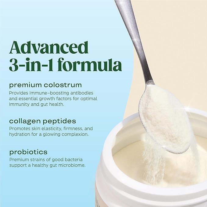 Bloom Nutrition Bovine Colostrum Powder with Vitamin B12 & Probiotics – Gut, Immune, Hair & Skin Support – Grass-Fed Collagen – Unflavored, Non-GMO, Gluten-Free – 25 Servings