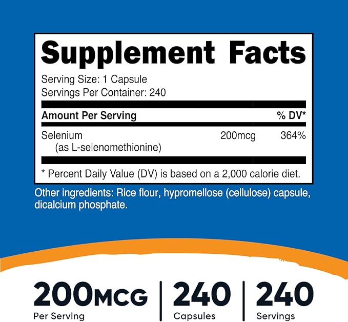 Nutricost Selenium 200mcg – L-Selenomethionine Antioxidant & Immune Support – 240 Vegetarian Capsules