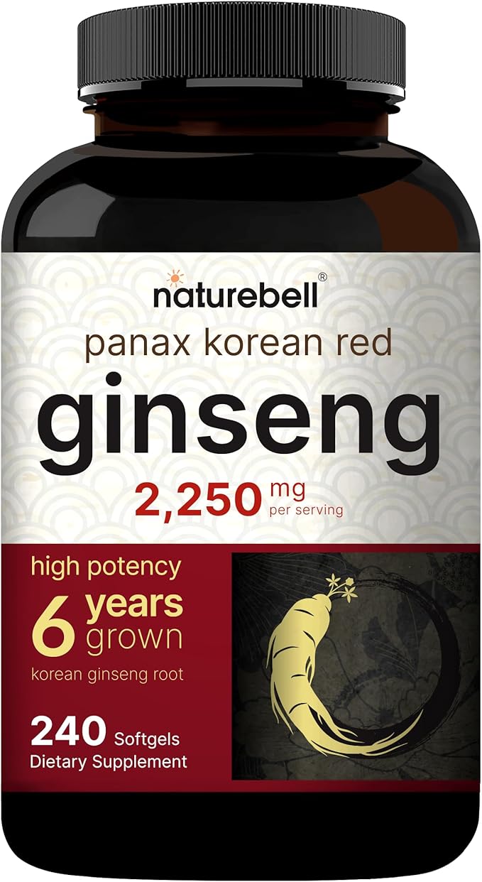 NatureBell Korean Red Ginseng 2250mg – Panax Ginseng Root with 10% Ginsenosides – Energy, Performance & Immune Support – Non-GMO, Gluten-Free – 240 Softgels