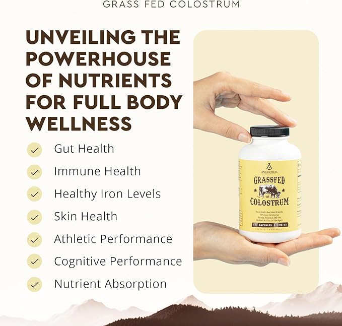 Ancestral Supplements Grass-Fed Beef Colostrum – 3000mg First-Milking Immune & Gut Support – Non-GMO, Hormone-Free – 180 Capsules