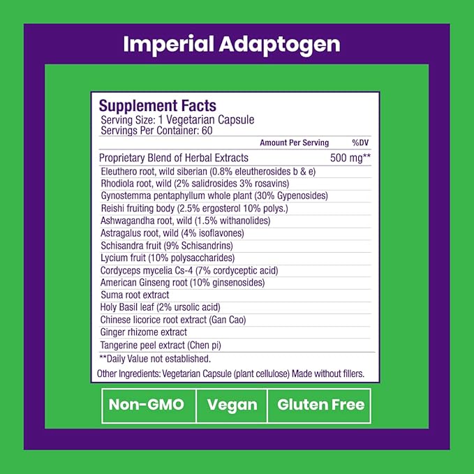 Paradise Herbs Imperial Adaptogens – Ashwagandha, Rhodiola, Astragalus & Ginseng – Stress, Focus & Energy Support – Non-GMO, Vegetarian – 60 Capsules