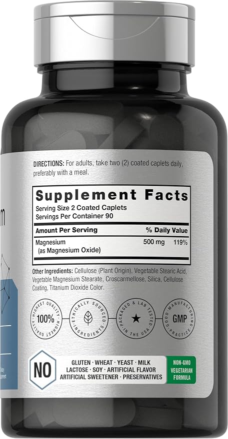 Horbäach Magnesium 500mg – Muscle, Nerve & Bone Support – 180 Vegetarian Caplets – Non-GMO, Gluten Free