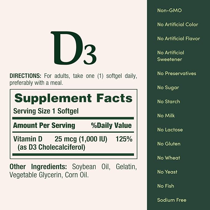 Nature’s Bounty Vitamin D3 1000 IU – Immune, Bone & Muscle Support – 250 Rapid Release Softgels
