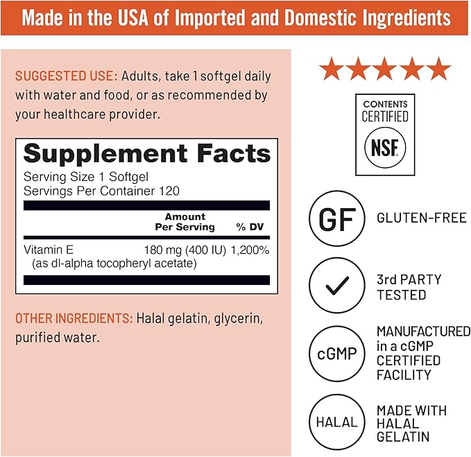 NatureWise Vitamin E 400 IU – Antioxidant, Skin, Heart & Immune Support – Dairy, Gluten & Soy Free – 120 Softgels