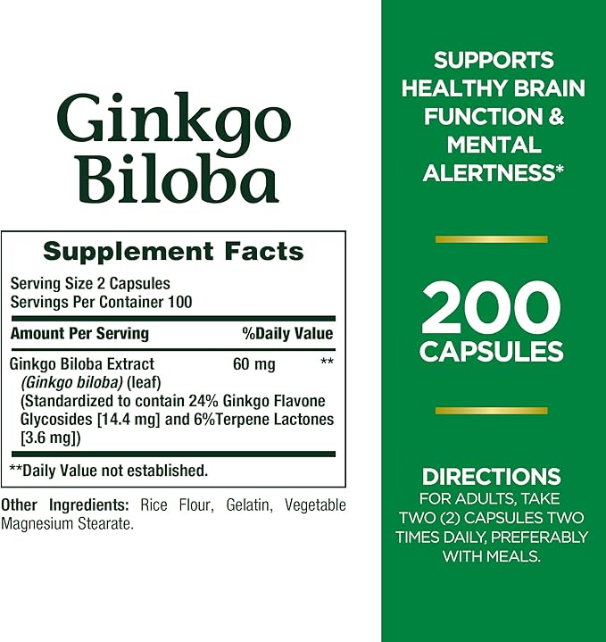 Nature's Bounty Ginkgo Biloba 60mg – Brain Function & Memory Support – Non-GMO, Gluten-Free – 200 Capsules