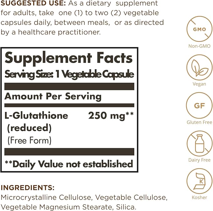 Solgar Reduced L-Glutathione 250mg – Antioxidant for Cellular Health, Liver & Immune Support – Vegan, Non-GMO, Gluten-Free – 30 Capsules