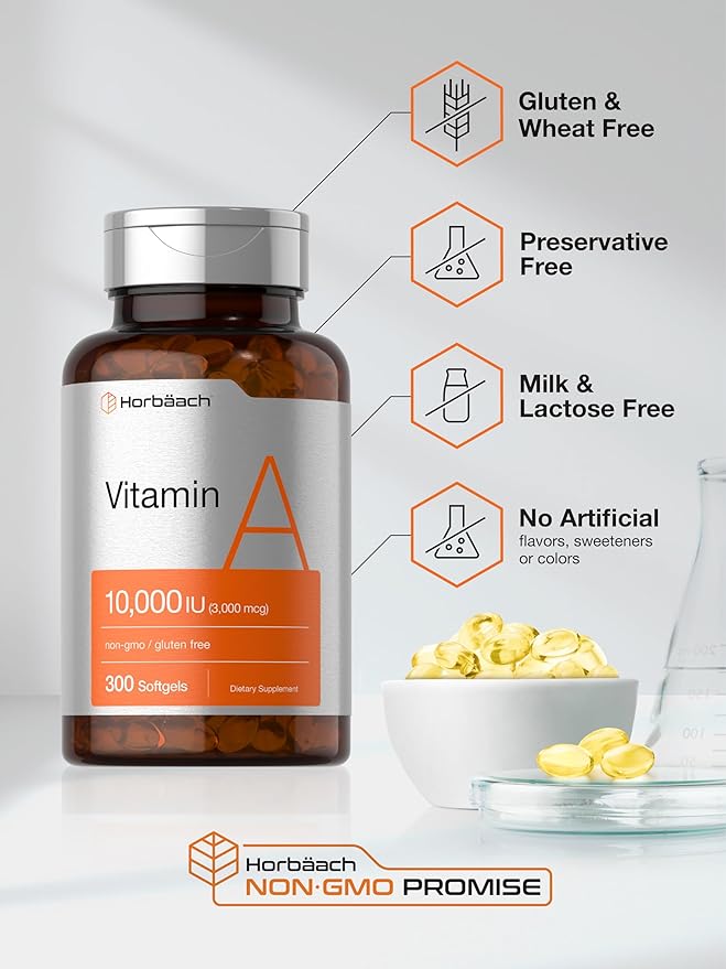Horbäach Vitamin A 10,000 IU – Vision, Immune & Skin Support – 300 Softgels – Non-GMO, Gluten Free