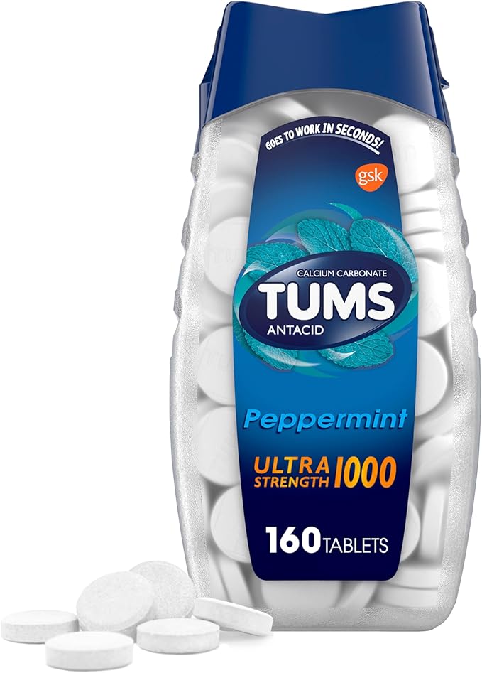 TUMS Ultra Strength Chewable Antacid Tablets for Heartburn, Sour Stomach, Acid Indigestion Relief, Peppermint Flavor, 160 Count, Calcium Carbonate