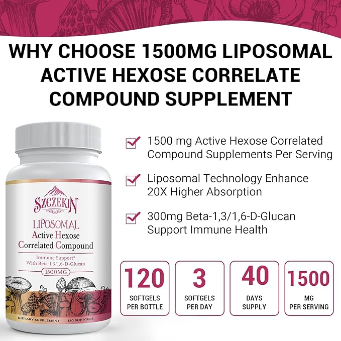 Liposomal AHCC 1500mg with Beta-Glucans – Immune, T-Cell & Liver Support – 120 Softgels – Non-GMO, Gluten Free