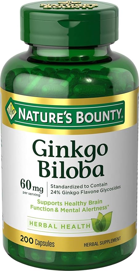 Nature's Bounty Ginkgo Biloba 60mg – Brain Function & Memory Support – Non-GMO, Gluten-Free – 200 Capsules