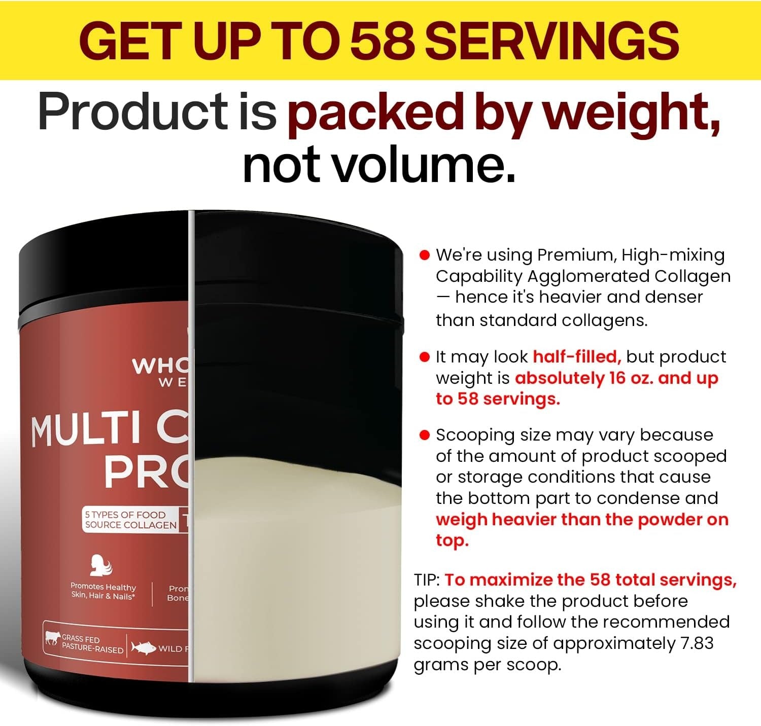 Multi Collagen Protein Powder Hydrolyzed (Type I II III V X) Grass-Fed All-in-One Super Bone Broth + Collagen Peptides - Premium Blend of Beef, Chicken, Wild Fish, Eggshell, 58 Servings, Unflavoured