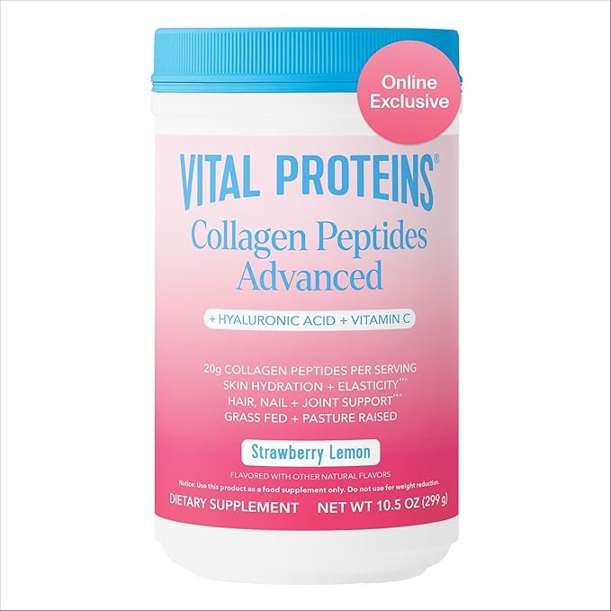 Vital Proteins Grass Fed Collagen Powder Supplement Hydrolyzed Peptides with Hyaluronic Acid and Vitamin C - Non-GMO, Dairy & Gluten Free Unflavored, 9.33oz
