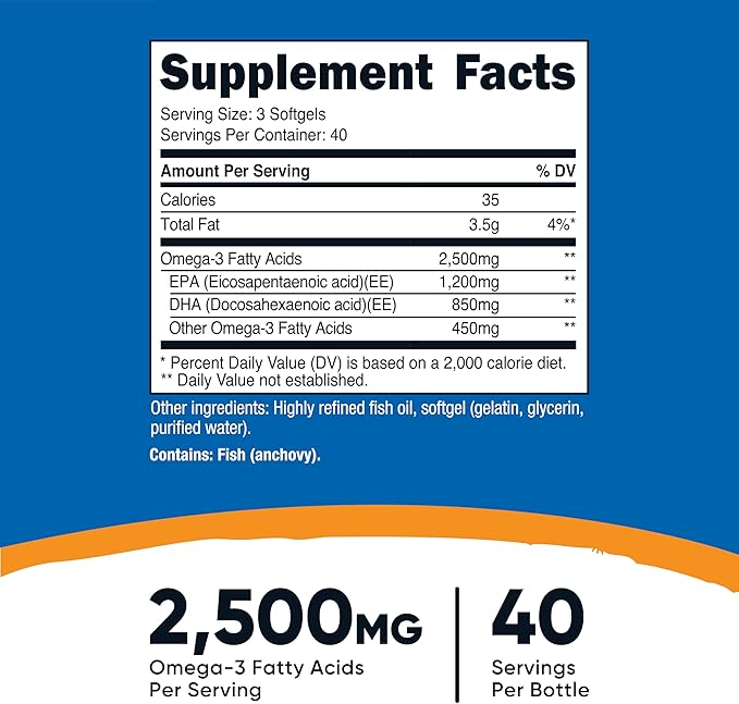 Nutricost Omega-3 Fish Oil 2500mg – High EPA 1200mg & DHA 850mg – Wild-Caught, Non-GMO, Gluten-Free – 120 Softgels (40 Servings)