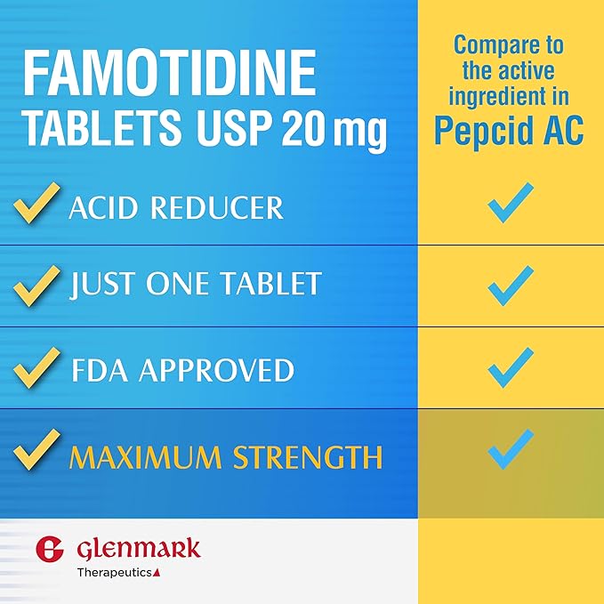 Glenmark Famotidine Tablets 20 mg Maximum Strength Acid Reducer – 200 Count for Heartburn and Indigestion Relief